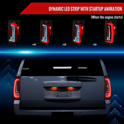 2007-2014 Chevrolet Tahoe/Suburban / 2007-2014 GMC Yukon/Yukon Denali Red LED Sequential Turn Signal Tail Lights  (Matte Black Housing/Clear Lens)