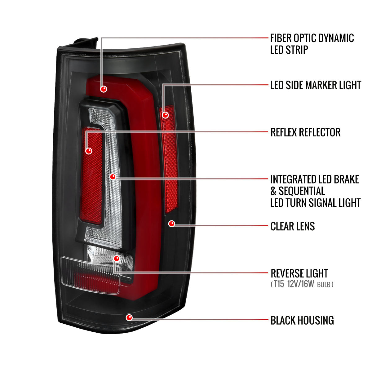 2007-2014 Chevrolet Tahoe/Suburban / 2007-2014 GMC Yukon/Yukon Denali Red LED Sequential Turn Signal Tail Lights  (Matte Black Housing/Clear Lens)
