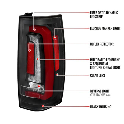 2007-2014 Chevrolet Tahoe/Suburban / 2007-2014 GMC Yukon/Yukon Denali Red LED Sequential Turn Signal Tail Lights  (Matte Black Housing/Clear Lens)