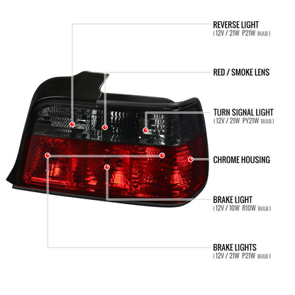 1992-1998 BMW E36 3 Series Sedan Tail Lights (Chrome Housing/Red Smoked Lens)