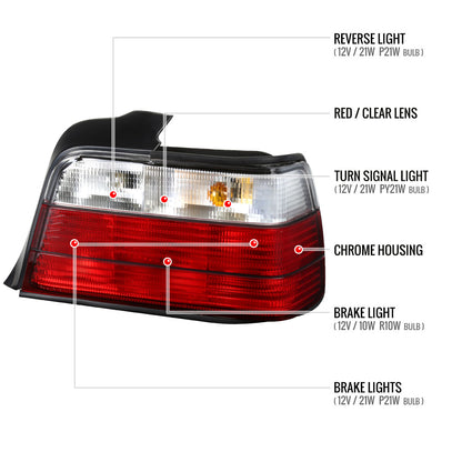 1992-1998 BMW E36 3 Series Sedan Tail Lights (Chrome Housing/Red Clear Lens)