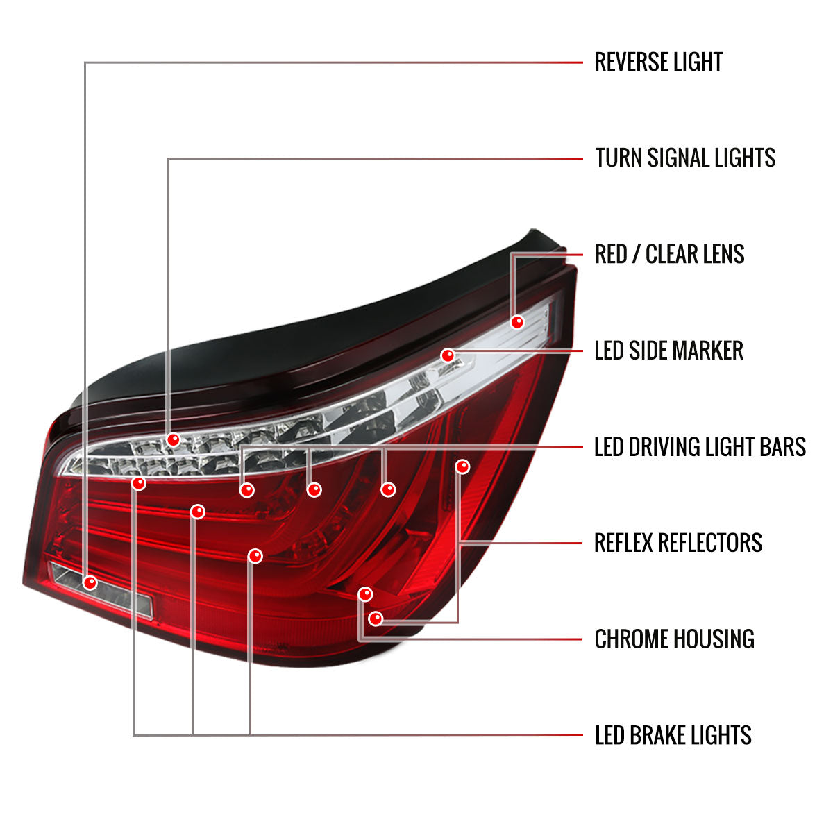 2004-2007 BMW E60 5 Series Sedan LED Tail Lights (Chrome Housing/Red Clear Lens)