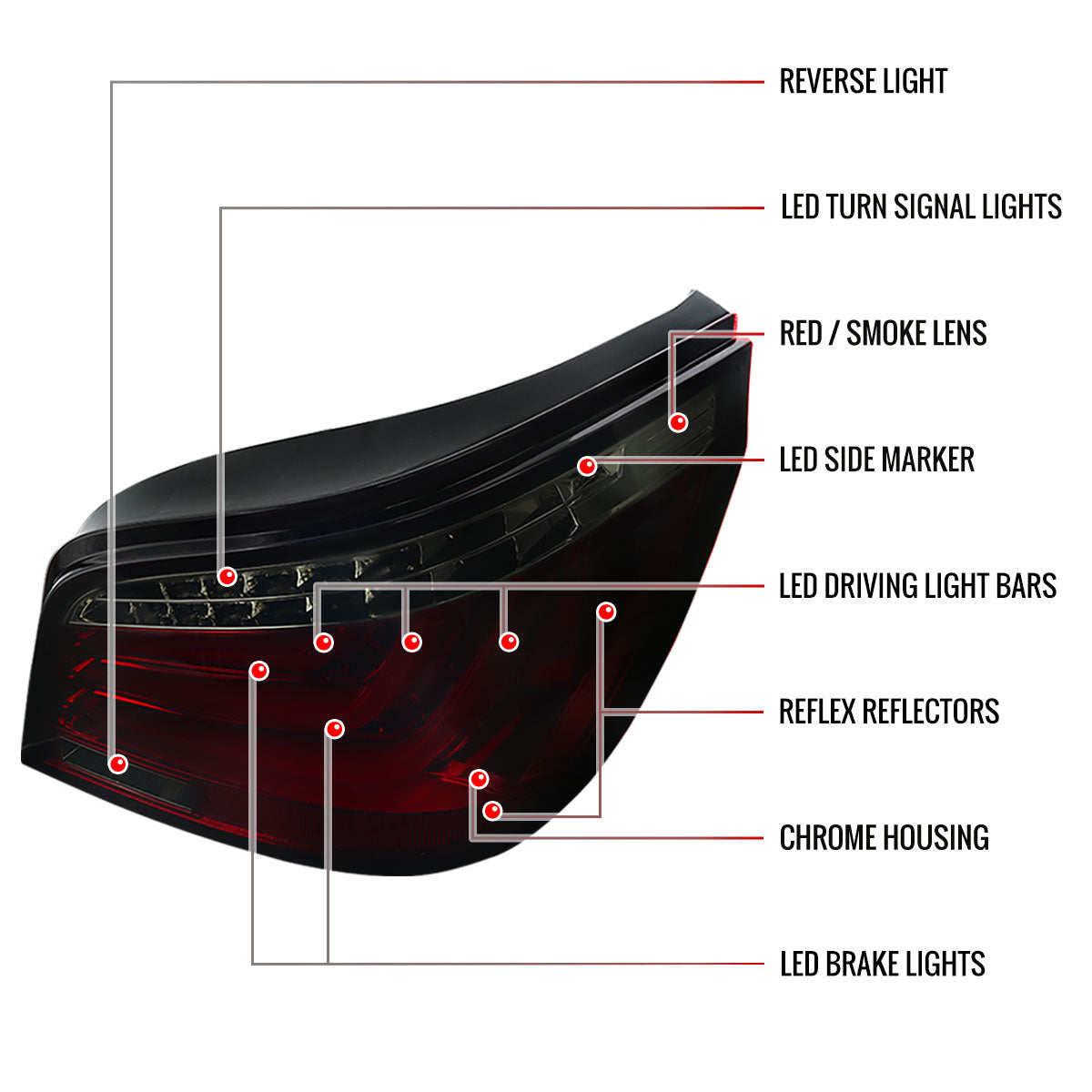 2008-2010 BMW E60 5 Series Sedan LED Tail Lights (Chrome Housing/Red Smoked Lens)
