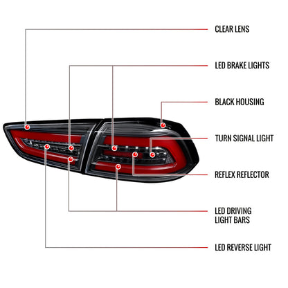 2008-2017 Mitsubishi Lancer / 2008-2015 Lancer EVO X Sedan Red Bar LED Tail Lights (Black Housing/Clear Lens)