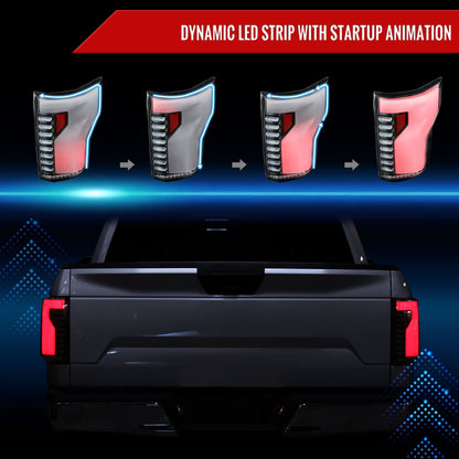2015-2017 Ford F-150 Sequential Turn Signal Animated White LED Bar Tail Lights (Matte Black Housing/Clear Lens)