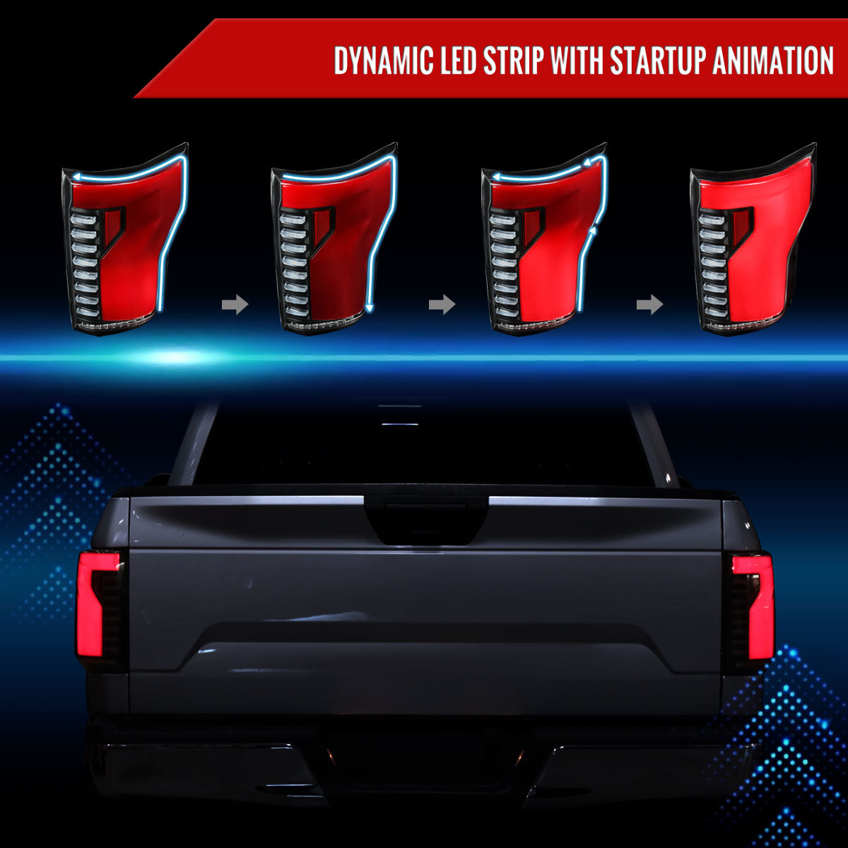 2015-2017 Ford F-150 Sequential Turn Signal Animated Red LED Bar Tail Lights (Matte Black Housing/Clear Lens)