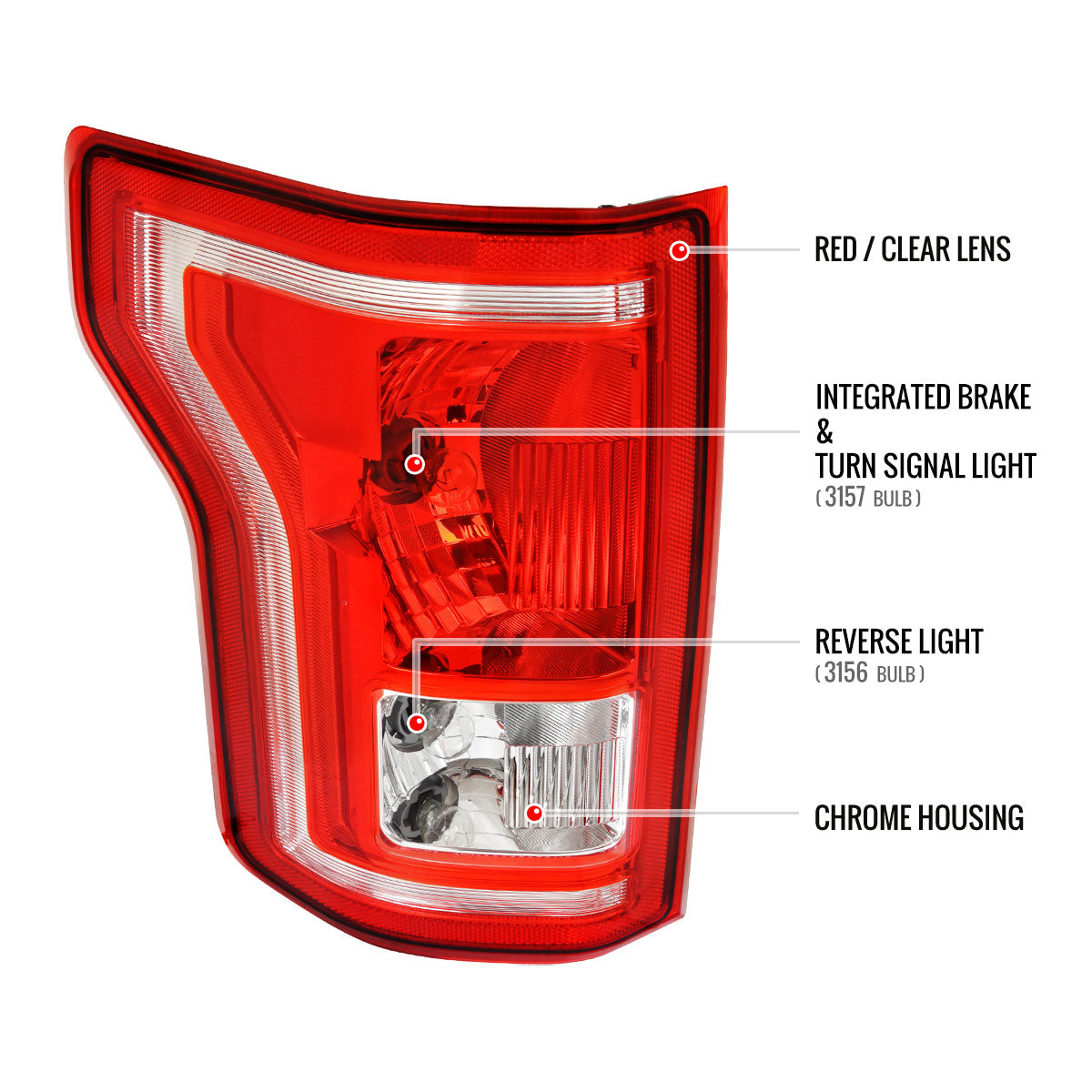 2015-2017 Ford F-150 Factory Style Driver/Left Replacement Tail Light Assembly (Chrome Housing/Red Clear Lens)