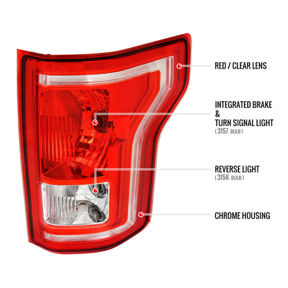 2015-2017 Ford F-150 Factory Style Replacement Tail Light Assembly (Chrome Housing/Red Clear Lens)