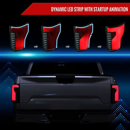 2015-2017 Ford F-150 Sequential Turn Signal Animated Red LED Bar Tail Lights (Black Housing/Smoked Lens)