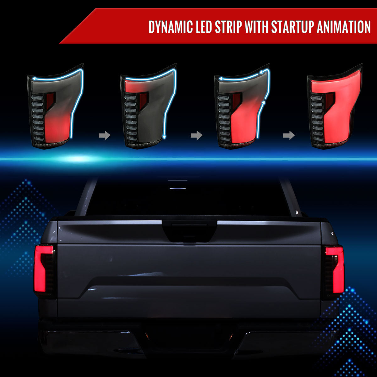 2018-2020 Ford F-150 Sequential Turn Signal Animated White LED Bar Tail Lights (Black Housing/Smoked Lens)
