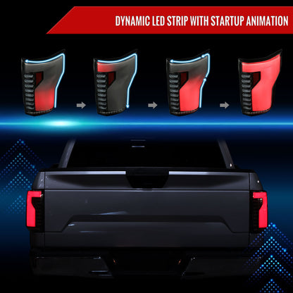 2018-2020 Ford F-150 Sequential Turn Signal Animated White LED Bar Tail Lights (Black Housing/Smoked Lens)