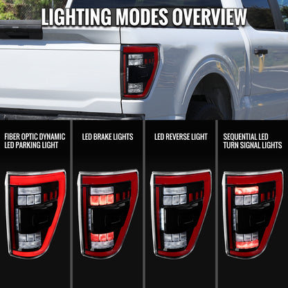 2021â€“2023 Ford F-150 LED Tail Lights w/ Switchback Sequential Turn Signals (Black Housing / Clear Lens)