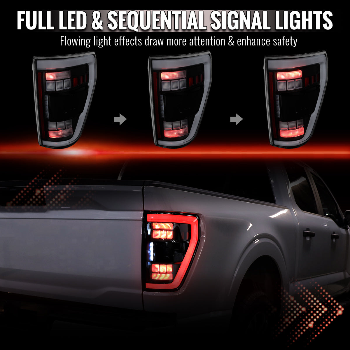 2021-2023 Ford F-150 Full LED Tail Lights with White Light Bar Sequential Turn Signal, Startup Animation & Factory BSM Compatibility (Black Housing / Clear Lens)