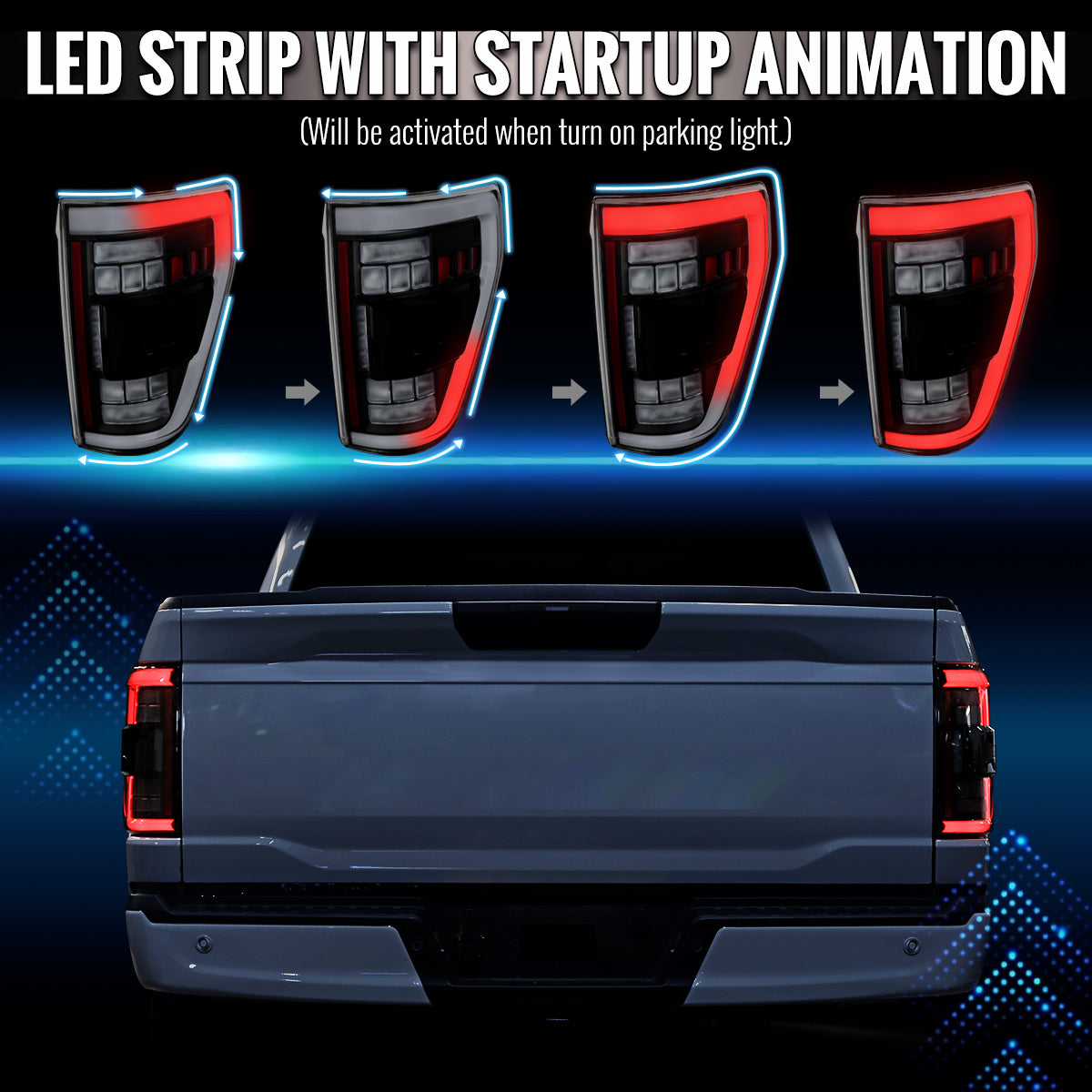 2021-2023 Ford F-150 Full LED Tail Lights with White Light Bar Sequential Turn Signal, Startup Animation & Factory BSM Compatibility (Black Housing / Clear Lens)