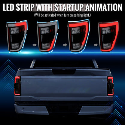 2021-2023 Ford F-150 Full LED Tail Lights with White Light Bar Sequential Turn Signal, Startup Animation & Factory BSM Compatibility (Black Housing / Clear Lens)