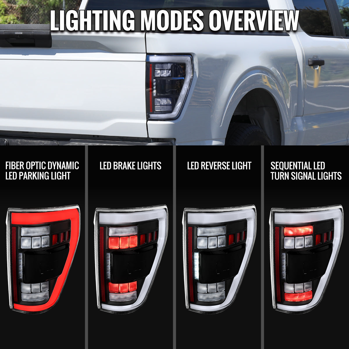 2021-2023 Ford F-150 Full LED Tail Lights with White Light Bar Sequential Turn Signal, Startup Animation & Factory BSM Compatibility (Black Housing / Clear Lens)