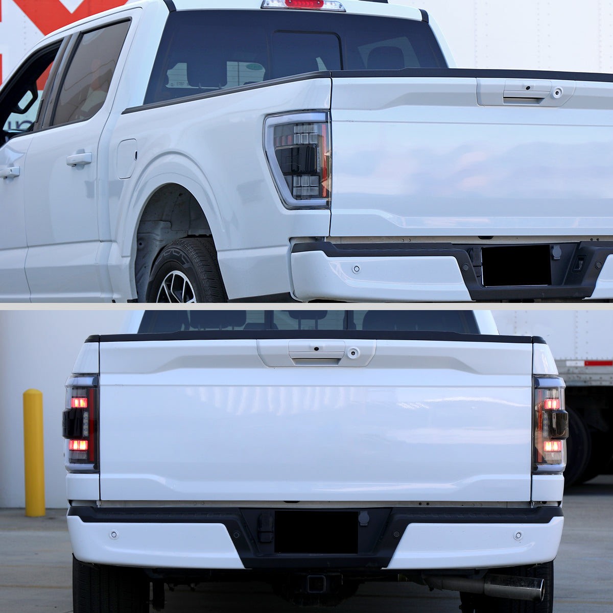 2021-2023 Ford F-150 Full LED Tail Lights with White Light Bar Sequential Turn Signal, Startup Animation & Factory BSM Compatibility (Black Housing / Clear Lens)