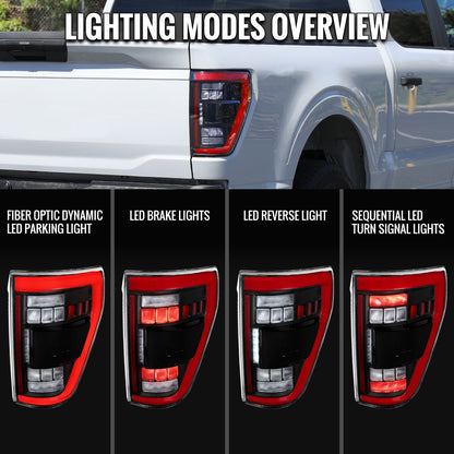 2021â€“2023 Ford F-150 Red LED Tail Lights w/ Switchback Sequential Turn Signals (Matte Black Housing / Clear Lens)
