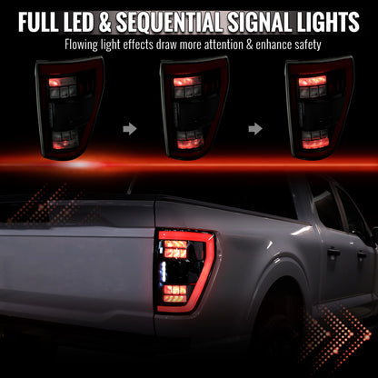 2021â€“2023 Ford F-150 LED Tail Lights w/ Switchback Sequential Turn Signals (Black Housing / Smoked Lens)