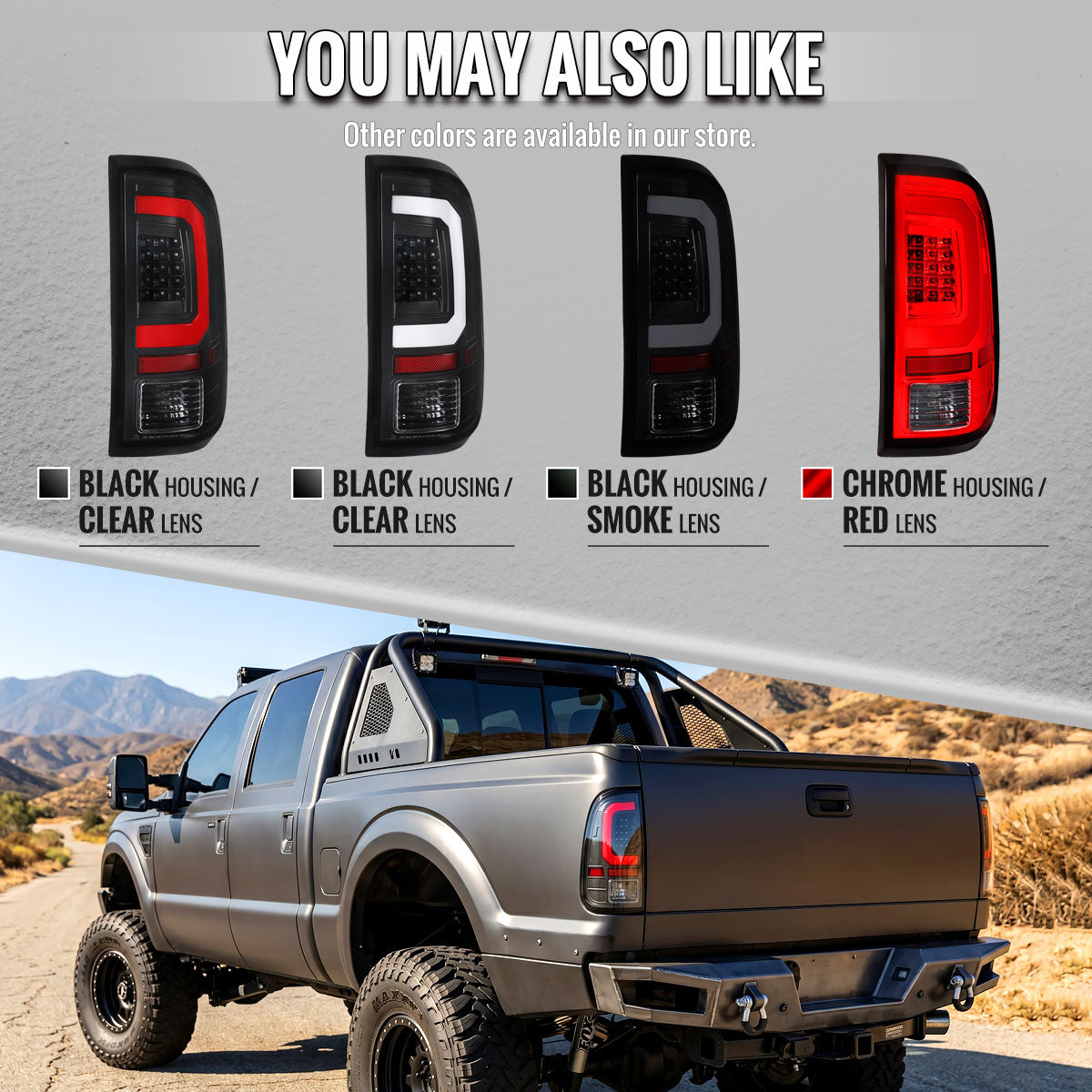 2008-2016 Ford F-250 / F-350 / F-450 / F-550 Super Duty LED C-Bar Tail Lights (Black Housing / Clear Lens)