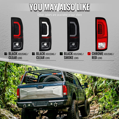 1999-2007 Ford F-250 / F-350 / F-450 / F-550 Super Duty LED C-Bar Tail Lights (Chrome Housing / Red Clear Lens)
