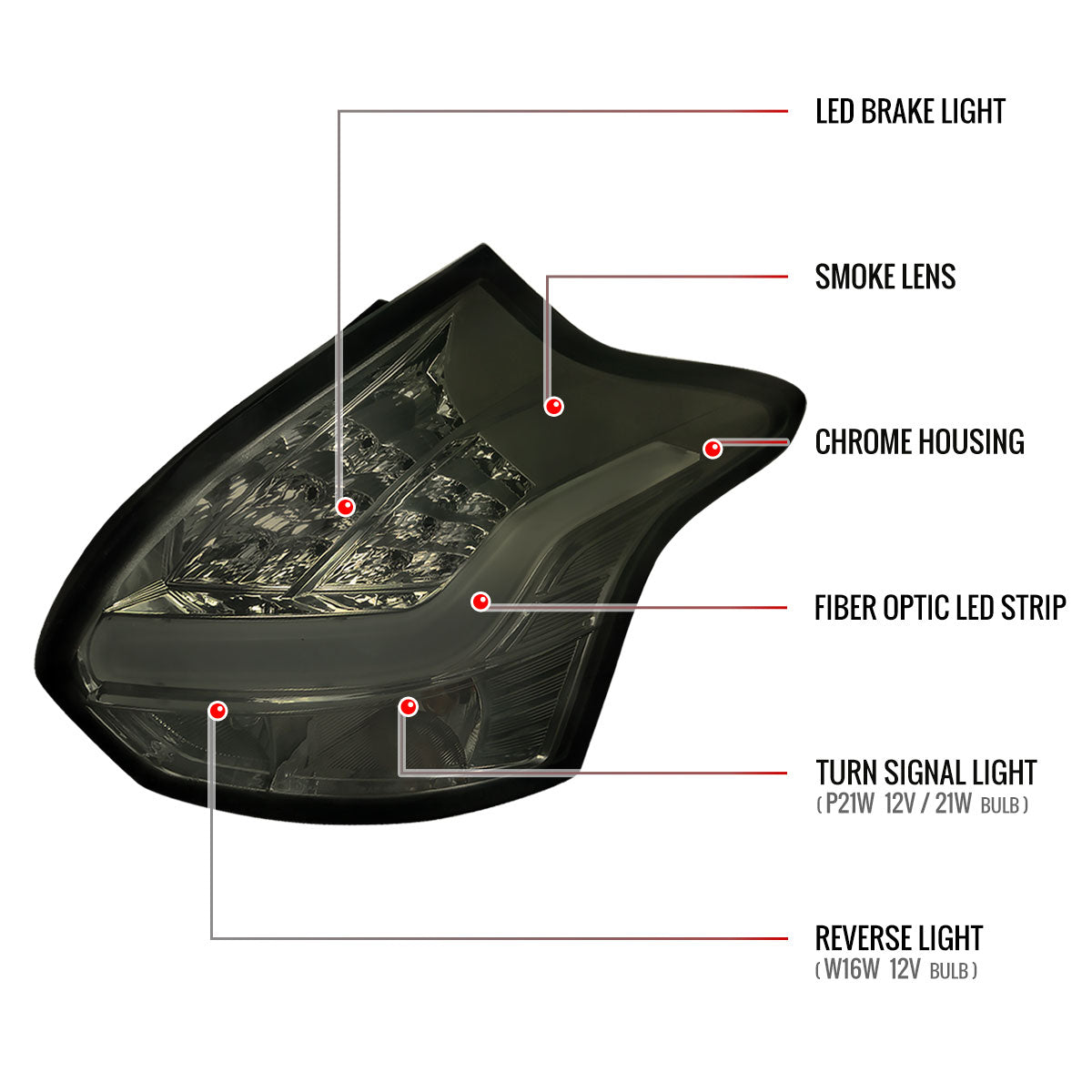 2012-2014 Ford Focus Hatchback LED Tail Lights (Chrome Housing/Smoked Lens)