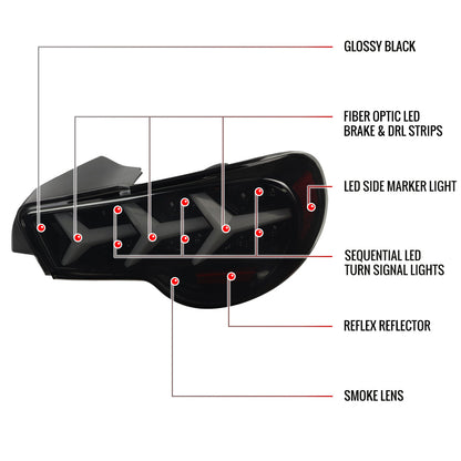 2013-2016 Scion FRS/ Subaru BRZ Lambo Style Sequential LED Tail Lights (Glossy Black Housing/Smoked Lens)