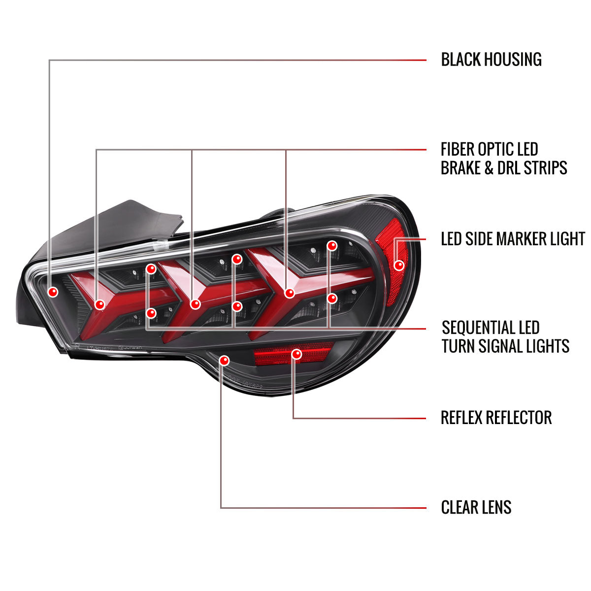 2013-2016 Scion FRS/ Subaru BRZ Lambo Style Sequential LED Tail Lights (Black Housing/Clear Lens)