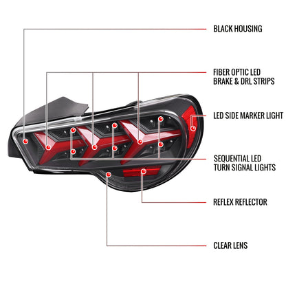 2013-2016 Scion FRS/ Subaru BRZ Lambo Style Sequential LED Tail Lights (Black Housing/Clear Lens)