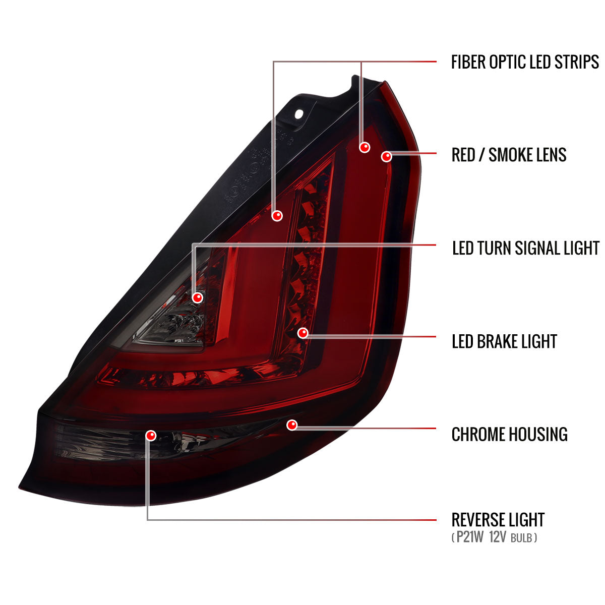 2014-2019 Ford Fiesta Hatchback LED Bar Tail Lights (Chrome Housing/Red Smoked Lens)