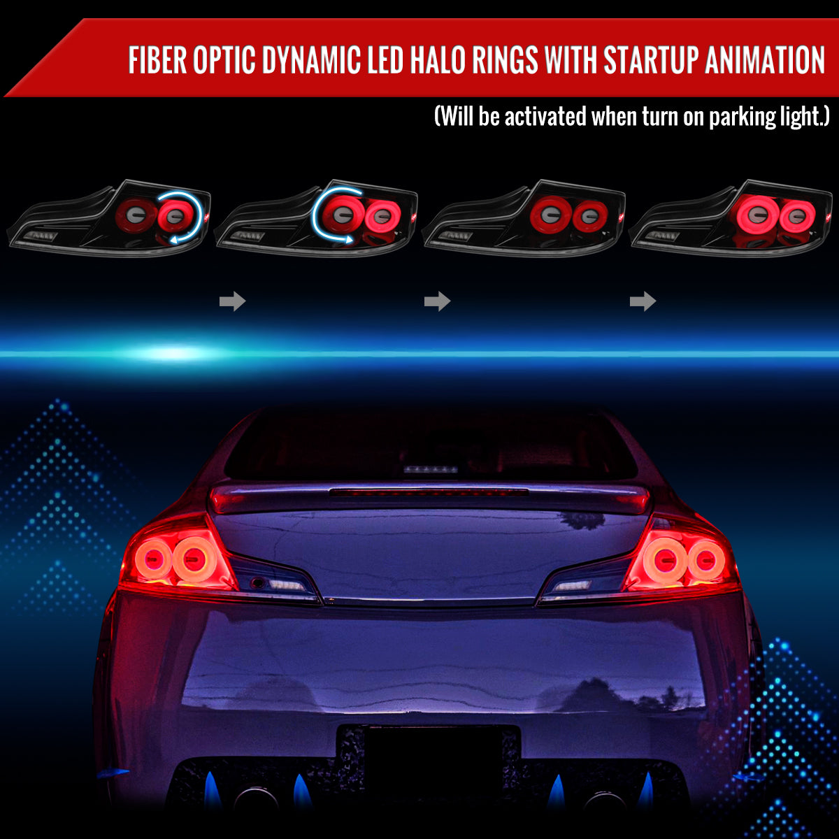2003-2007 Infiniti G35 Coupe Red LED Halo Sequential Signal Tail Lights (Glossy Black Housing/Clear Lens)