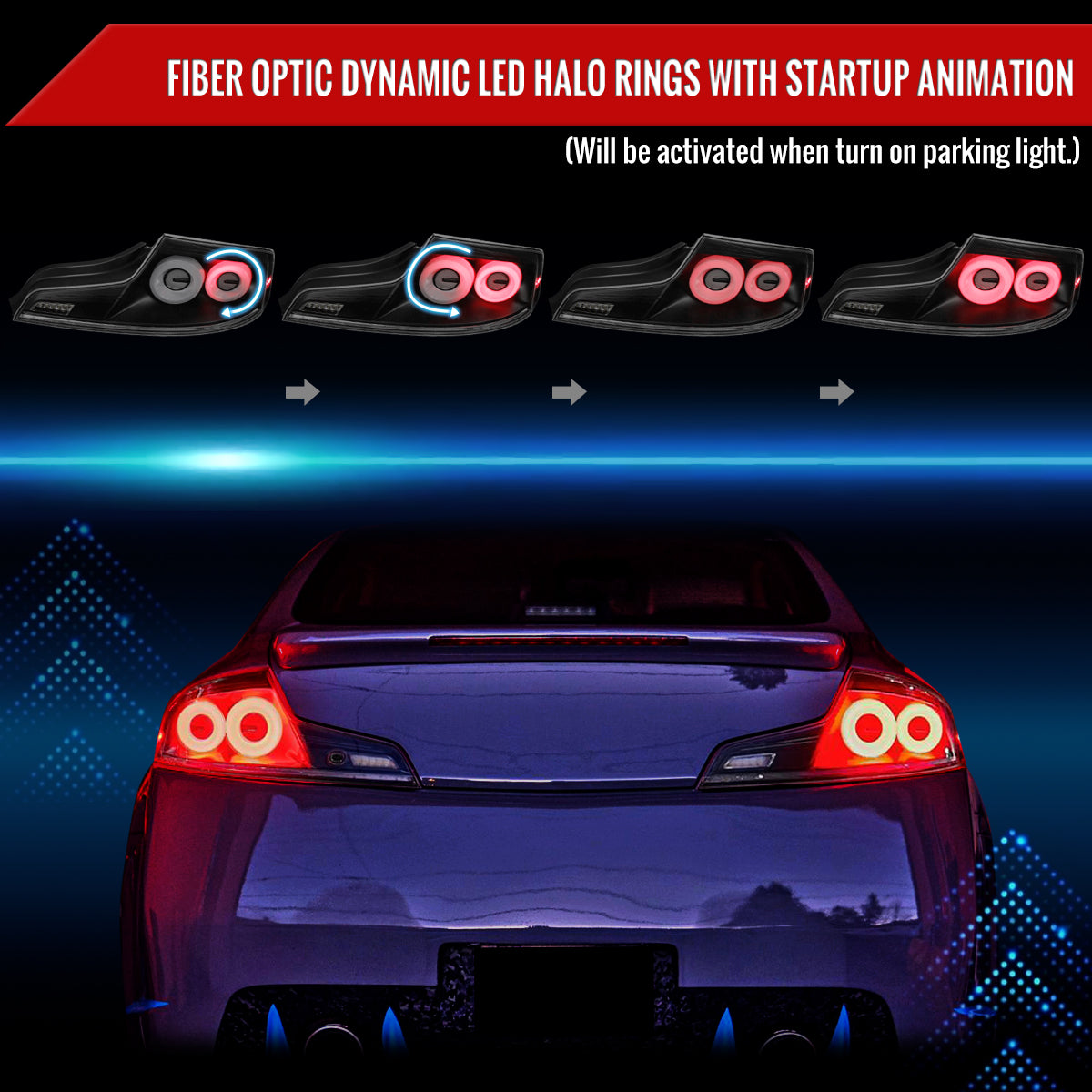2003-2007 Infiniti G35 Coupe White LED Halo Sequential Signal Tail Lights (Matte Black Housing/Clear Lens)