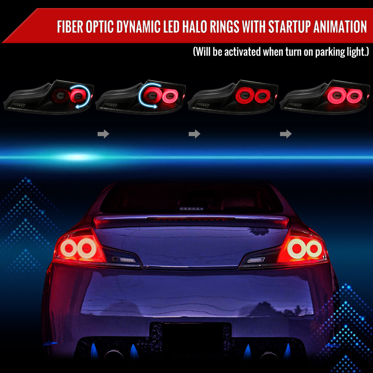 2003-2007 Infiniti G35 Coupe Red LED Halo Sequential Signal Tail Lights (Matte Black Housing/Smoked Lens)