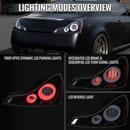 2008-2013 Infiniti G37/2014-2015 Q60 Coupe/Convertible LED Tail Lights w/ Switchback Sequential Turn Signals (Jet Black Housing / Clear Lens)