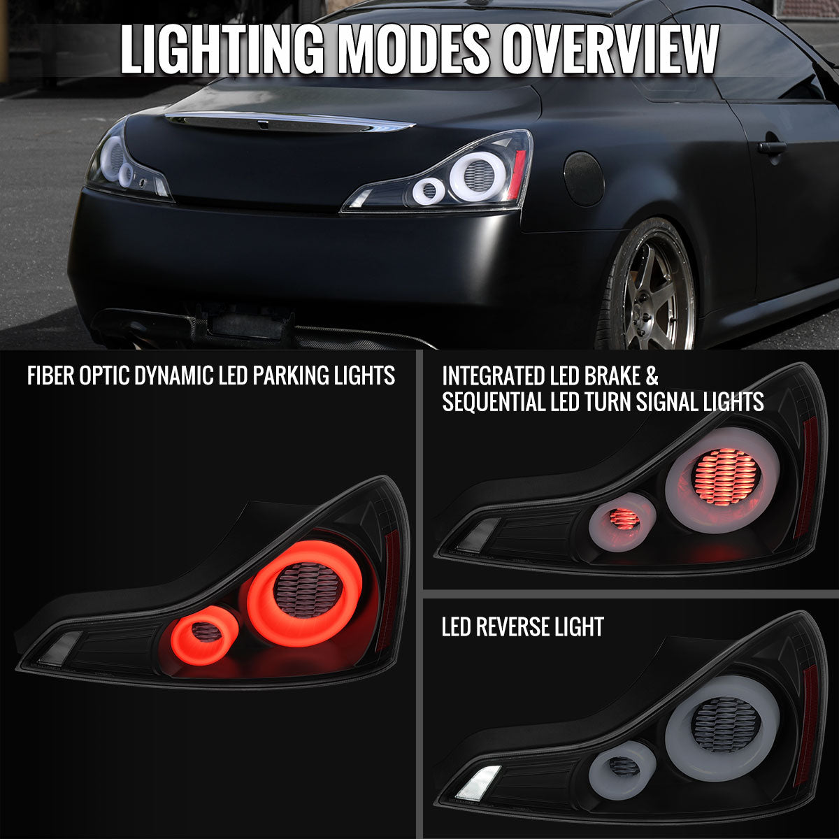 2008-2013 Infiniti G37/2014-2015 Q60 Coupe/Convertible LED Tail Lights w/ Switchback Sequential Turn Signals (Matte Black Housing / Clear Lens)