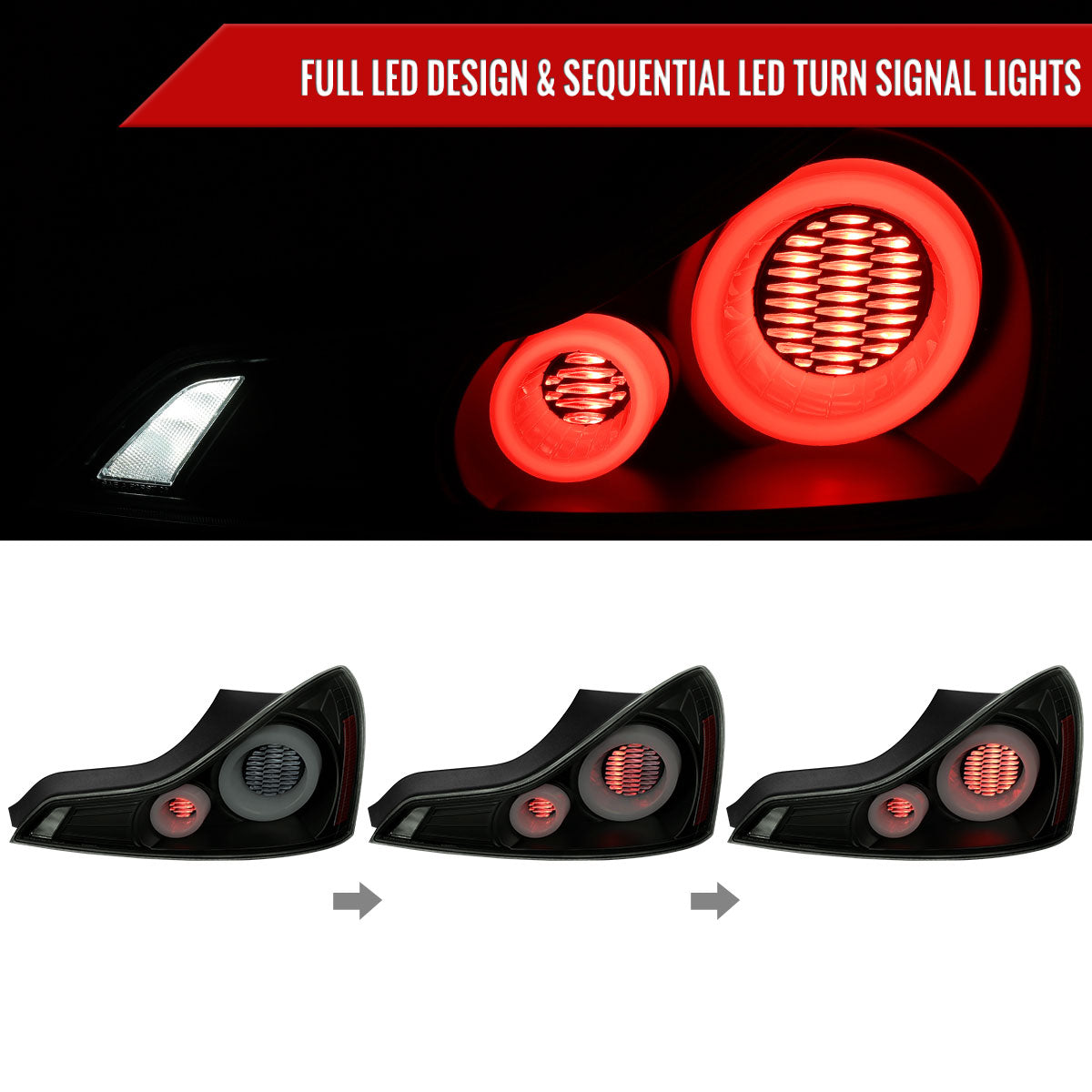 2008-2013 Infiniti G37/2014-2015 Q60 Coupe/Convertible LED Tail Lights w/ Switchback Sequential Turn Signals (Black Housing / Smoked Lens)