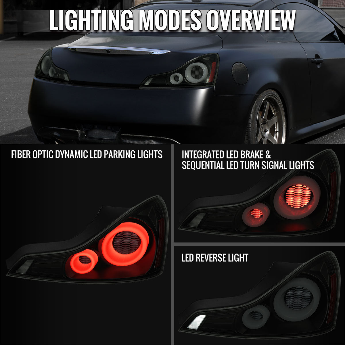 2008-2013 Infiniti G37/2014-2015 Q60 Coupe/Convertible LED Tail Lights w/ Switchback Sequential Turn Signals (Black Housing / Smoked Lens)