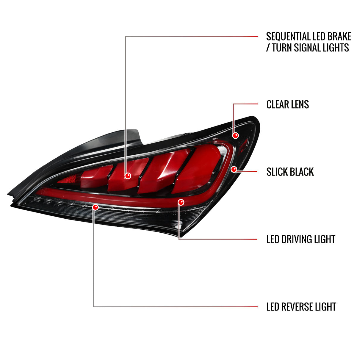 2010-2016 Hyundai Genesis Coupe Red Bar Sequential LED Tail Lights (Jet Black Housing/Clear Lens)