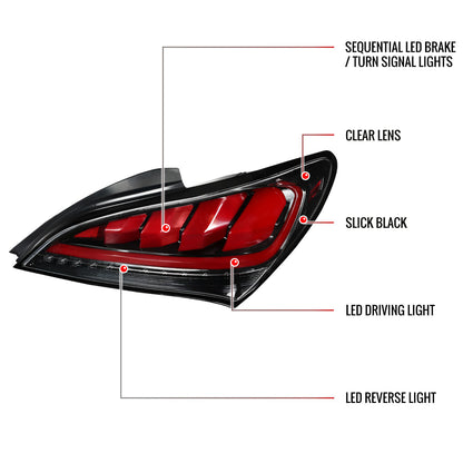 2010-2016 Hyundai Genesis Coupe Red Bar Sequential LED Tail Lights (Jet Black Housing/Clear Lens)