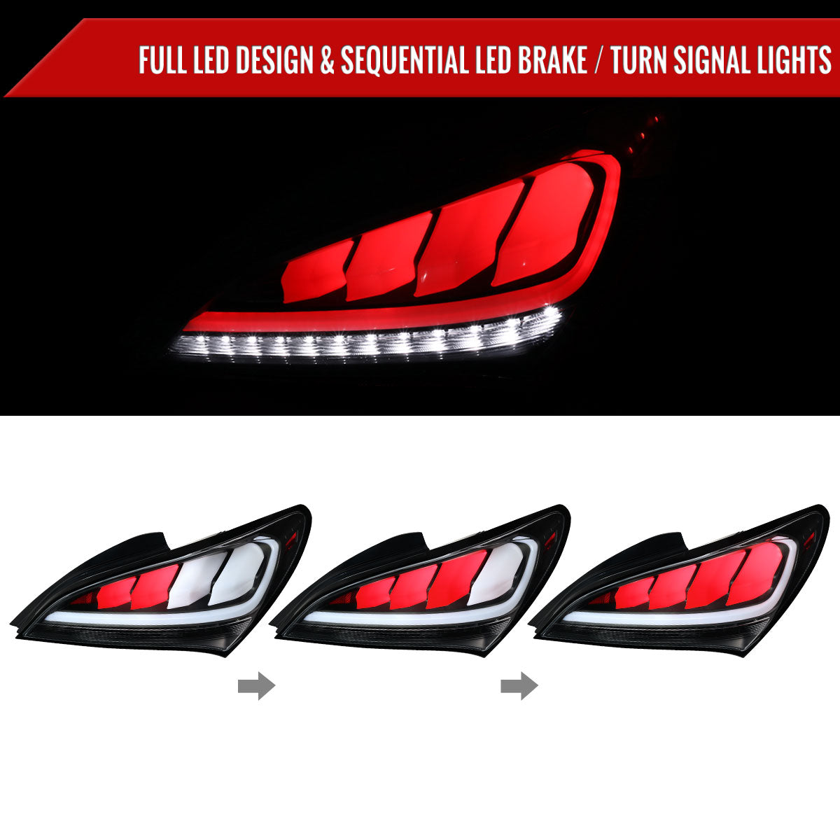 2010-2016 Hyundai Genesis Coupe White Bar Sequential LED Tail Lights (Matte Black Housing/Clear Lens)