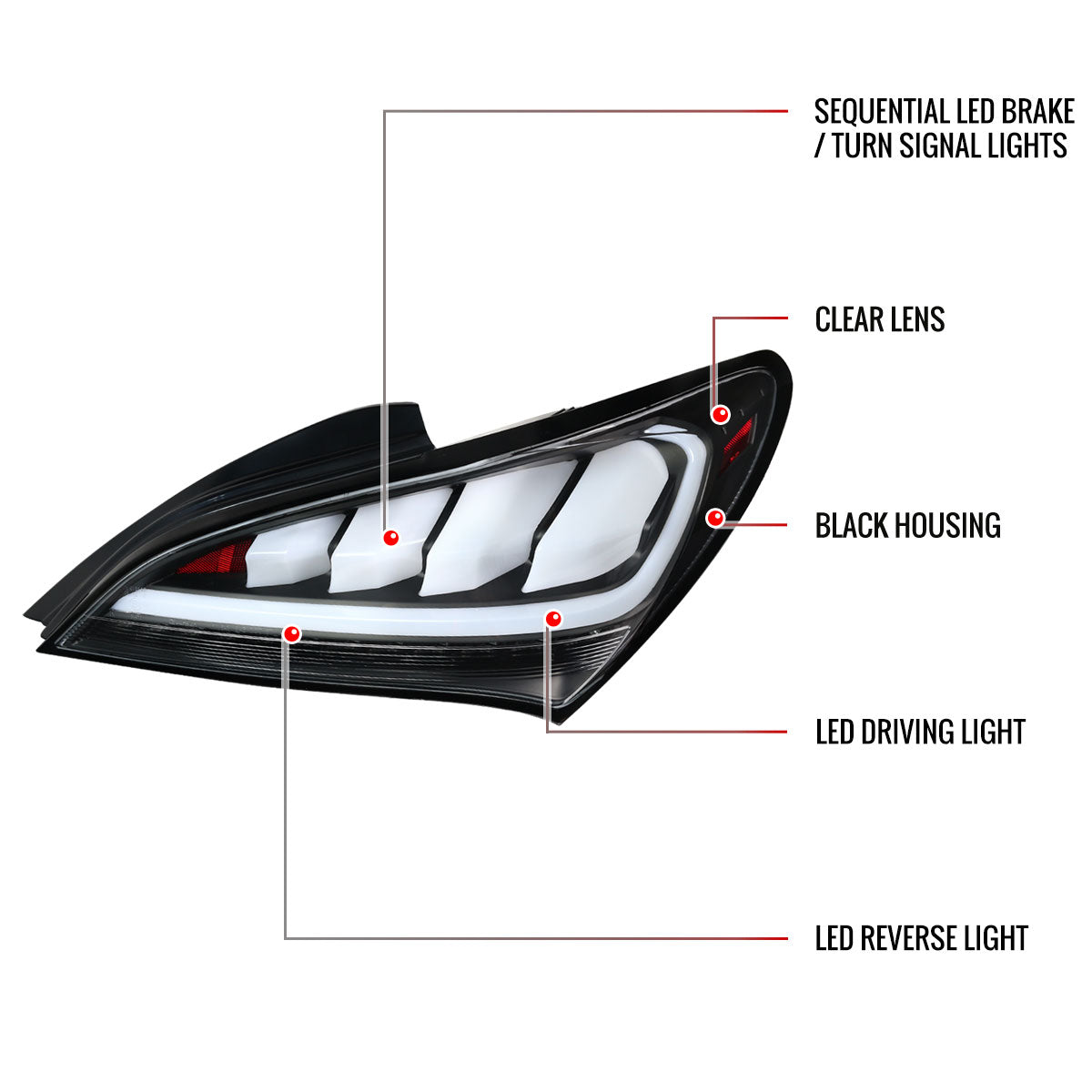 2010-2016 Hyundai Genesis Coupe White Bar Sequential LED Tail Lights (Matte Black Housing/Clear Lens)