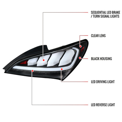 2010-2016 Hyundai Genesis Coupe White Bar Sequential LED Tail Lights (Matte Black Housing/Clear Lens)
