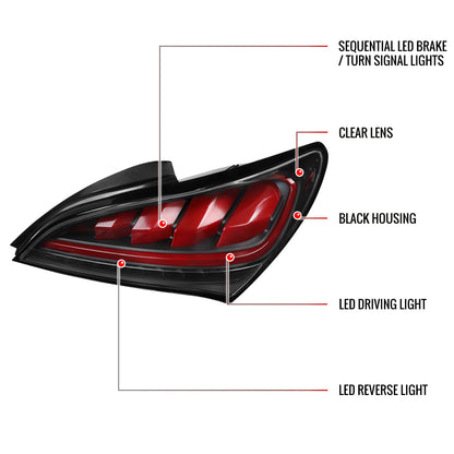 2010-2016 Hyundai Genesis Coupe Red Bar Sequential LED Tail Lights (Satin Black Housing/Clear Lens)