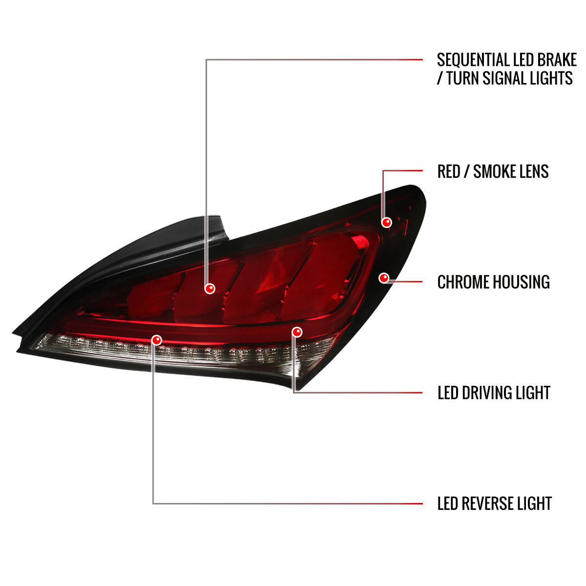 2010-2016 Hyundai Genesis Coupe White Bar Sequential LED Tail Lights (Chrome Housing/Red Smoked Lens)