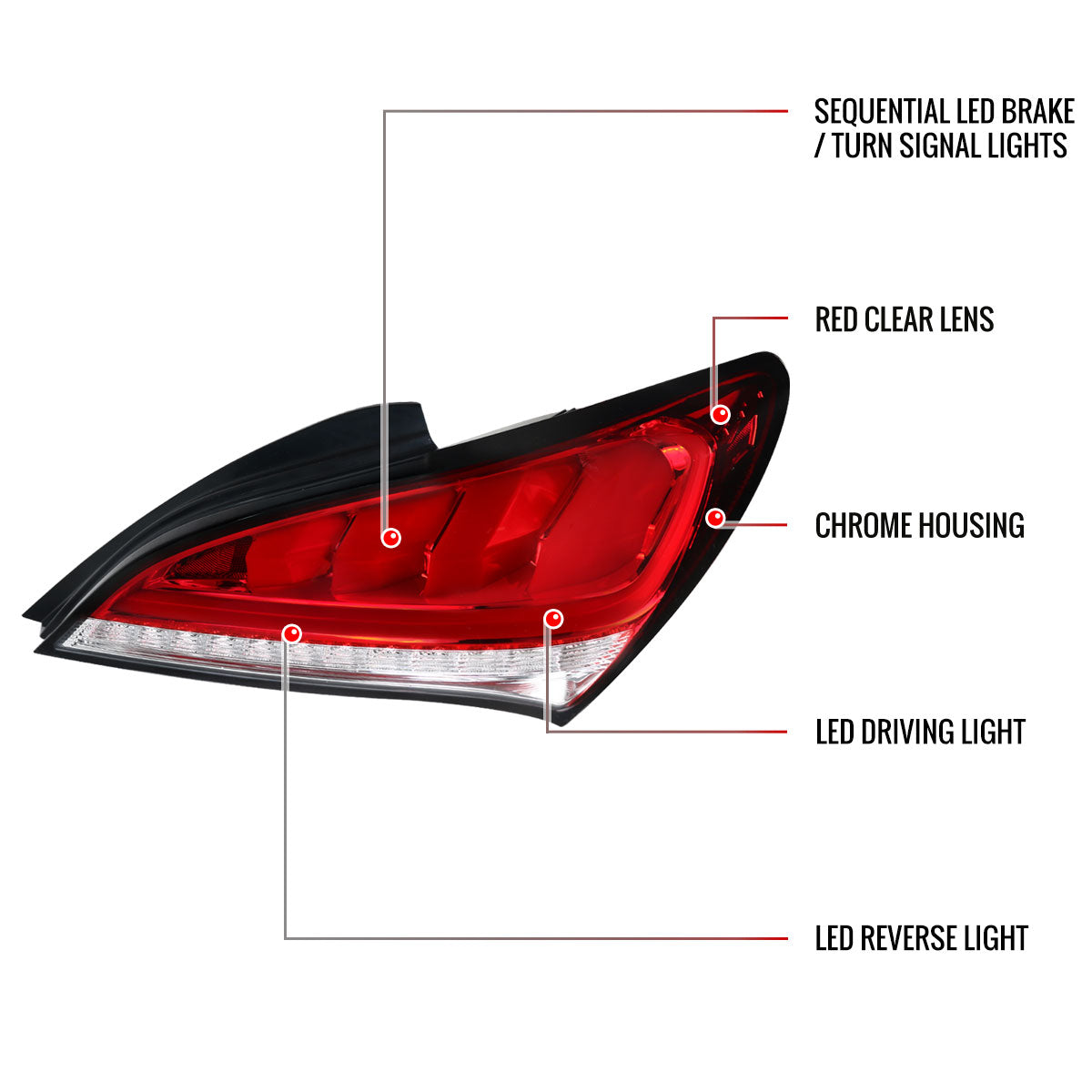 2010-2016 Hyundai Genesis Coupe White Bar Sequential LED Tail Lights (Chrome Housing/Red Lens)
