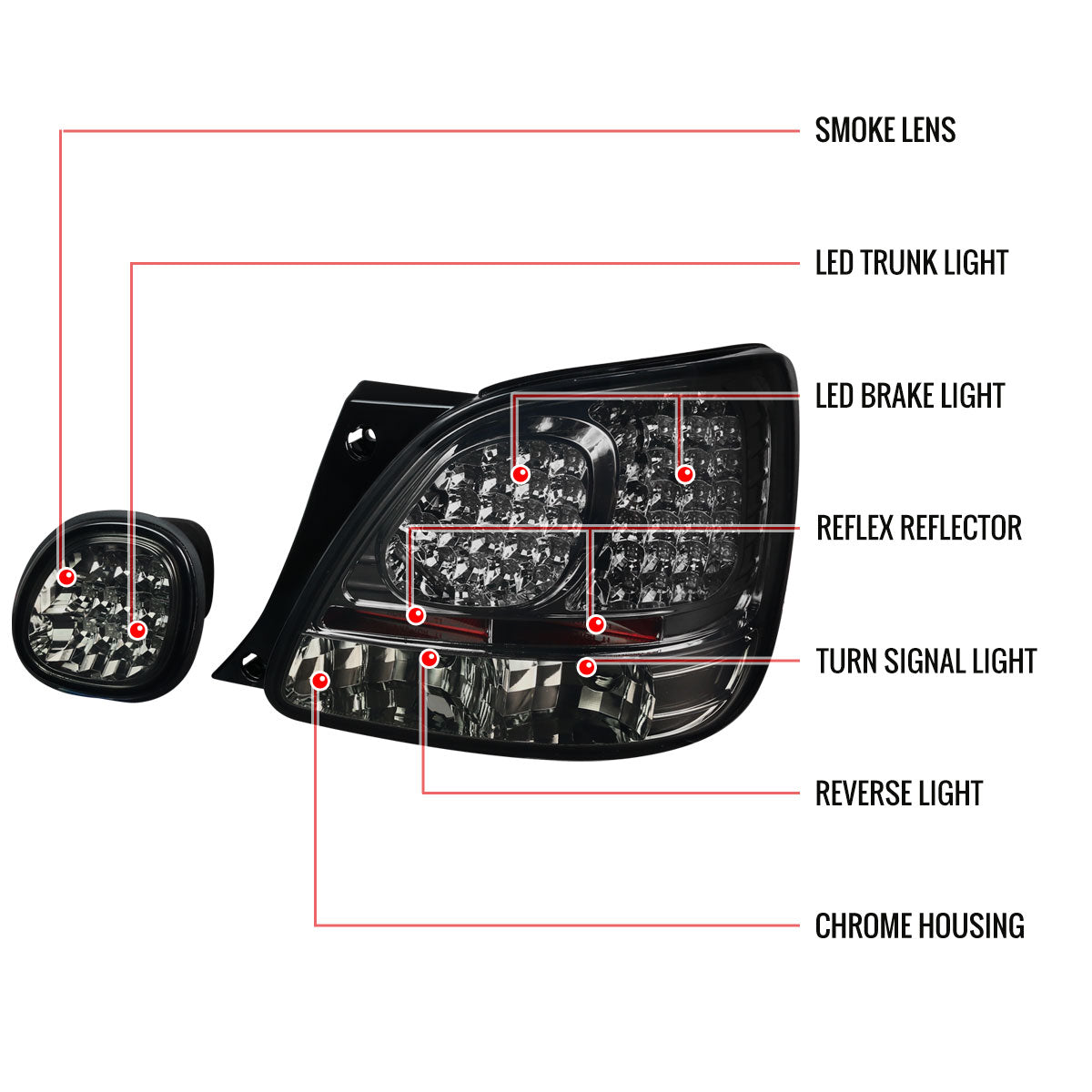 1998-2005 Lexus GS300/GS400/GS430 LED Tail Lights & Trunk Lights (Chrome Housing/Red Smoked Lens)