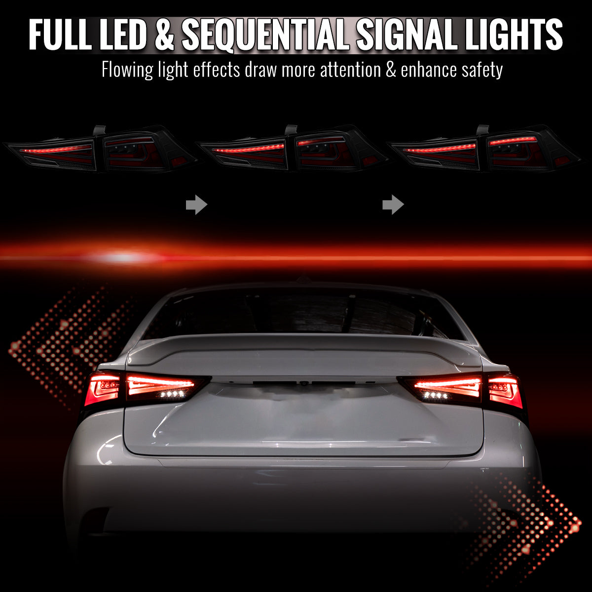 2014-2017 Lexus IS250 / IS350 Full LED Tail Lights with Sequential Turn Signal (Glossy Black Housing / Smoked Lens)