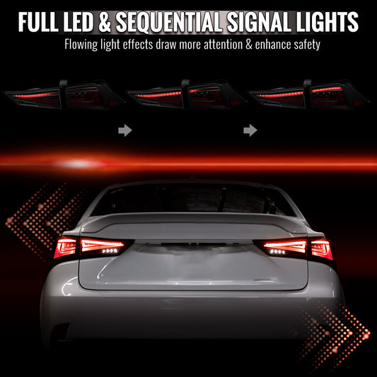 2014-2017 Lexus IS250 / IS350 Full LED Tail Lights with Sequential Turn Signal (Glossy Black Housing / Smoked Lens)