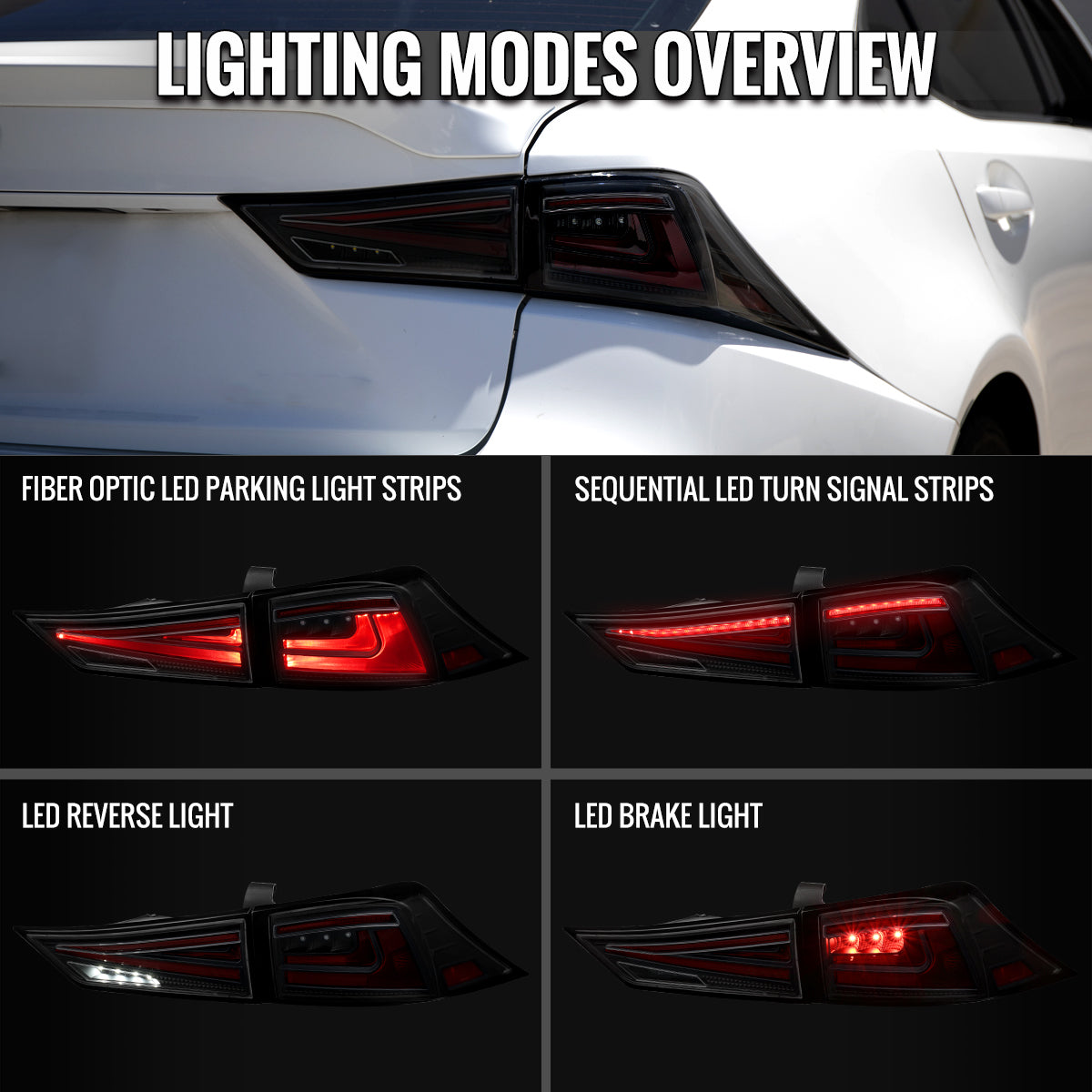 2014-2017 Lexus IS250 / IS350 Full LED Tail Lights with Sequential Turn Signal (Glossy Black Housing / Smoked Lens)