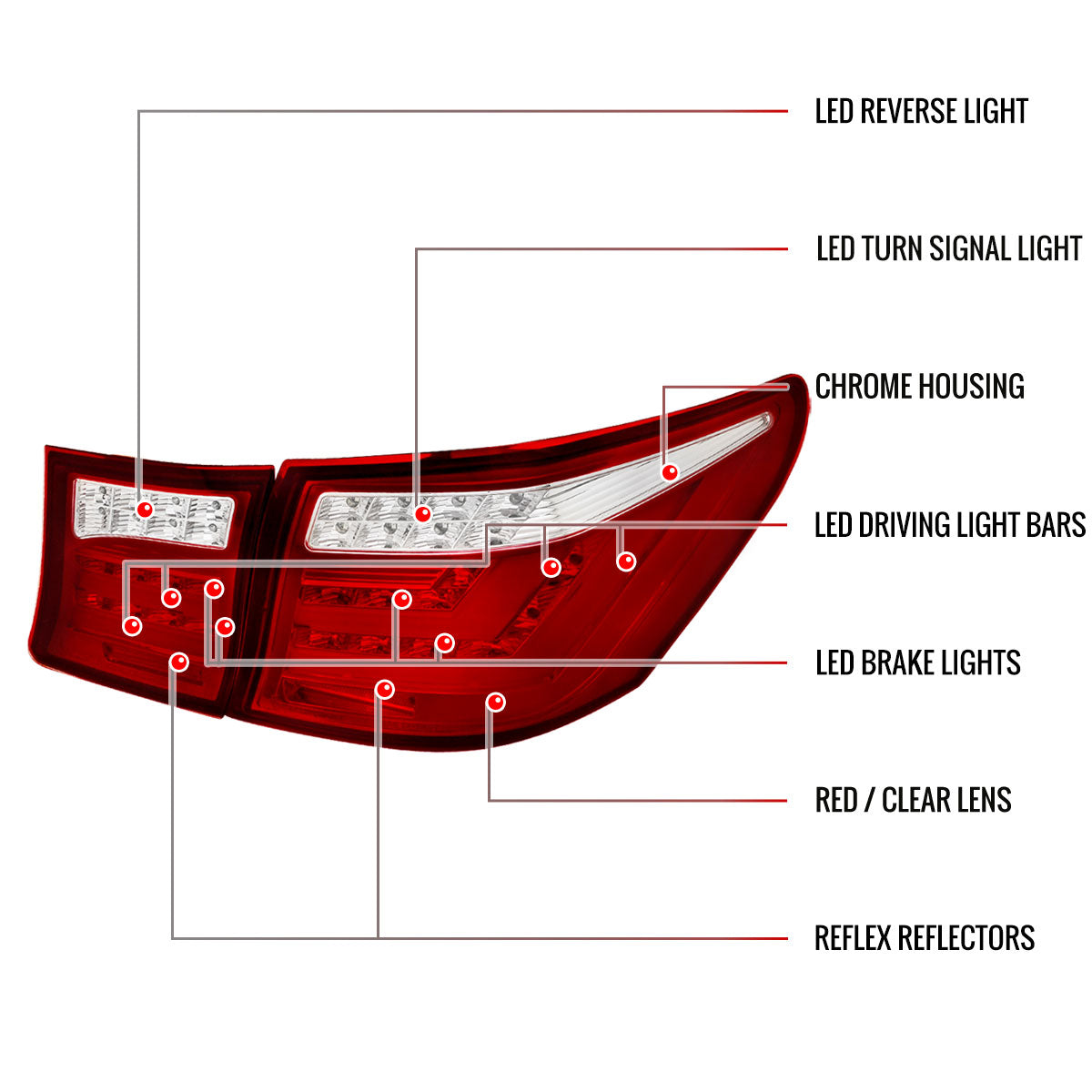2007-2009 Lexus LS460 LED Tail Lights & Trunk Lights (Chrome Housing/Red Lens)